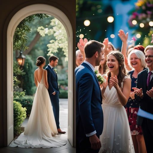Wedding guests celebrate while a couple stands in an arched doorway, bride in white gown and groom in blue suit.