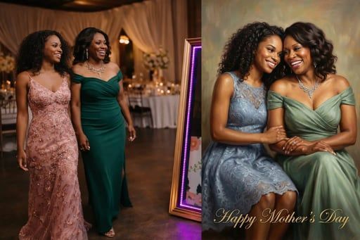 Two women smiling and embracing in elegant dresses at a formal event, with a “Happy Mother’s Day” greeting.