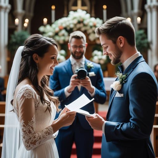 Couple exchanging vows at a candlelit wedding ceremony, with an officiant photographing them in the background