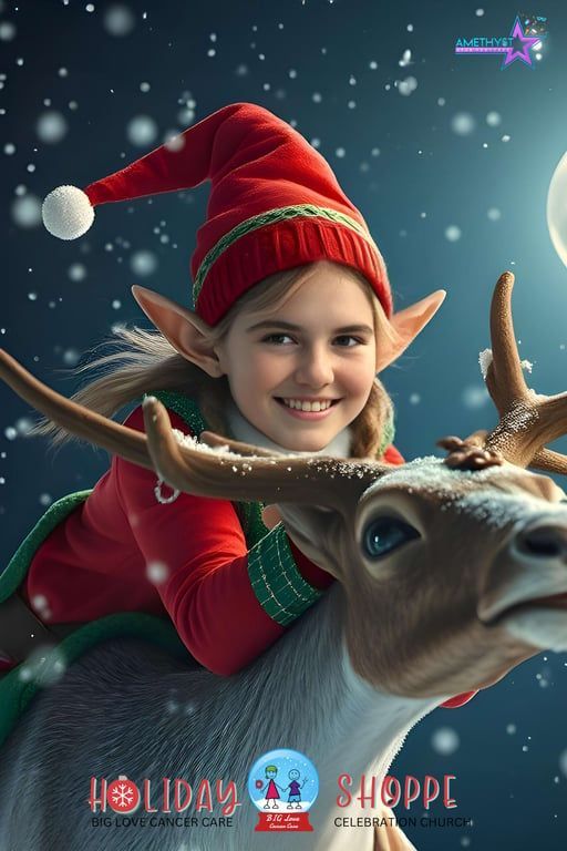 Smiling elf in red on a reindeer against a snowy holiday night backdrop