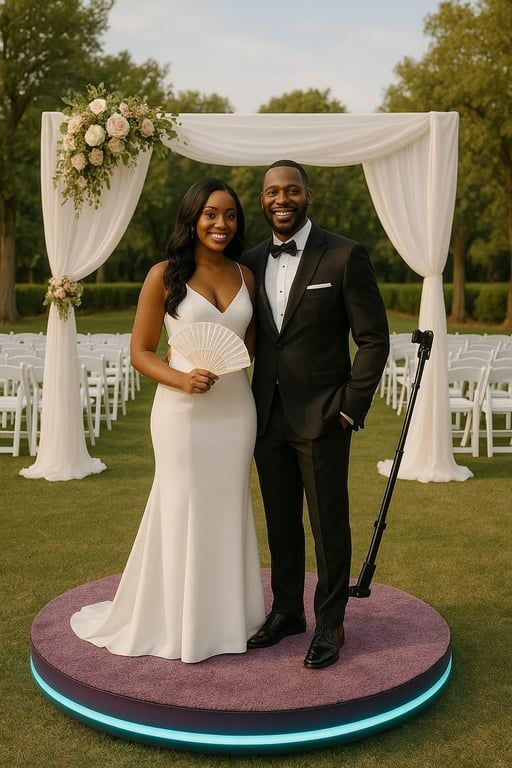 Couple posing at an outdoor wedding ceremony under a white floral arch