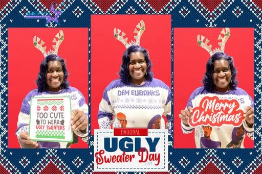 Person in reindeer antlers holding three Christmas sweater day signs on a festive red-and-blue background