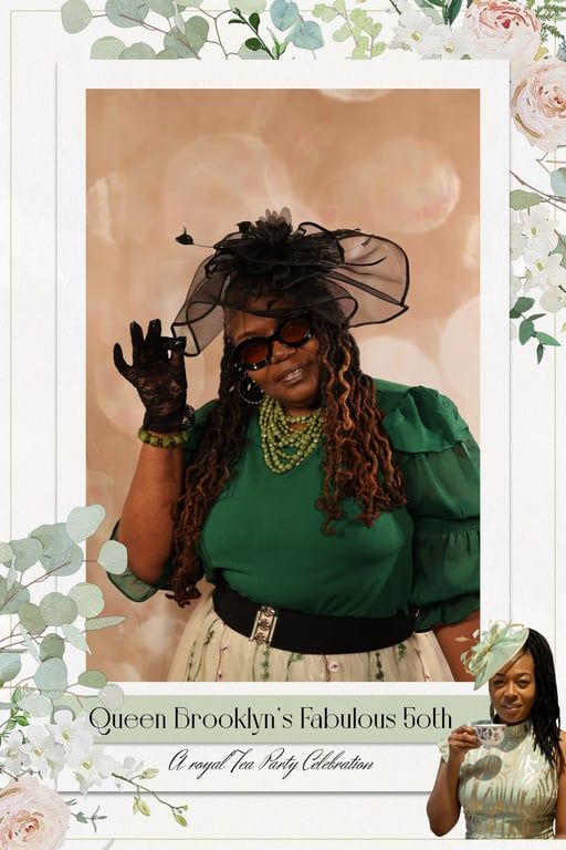 Woman in a green dress and black hat posing against a floral invitation backdrop