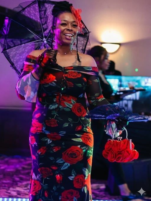 Woman in a floral dress posing indoors with a microphone, smiling under purple event lighting