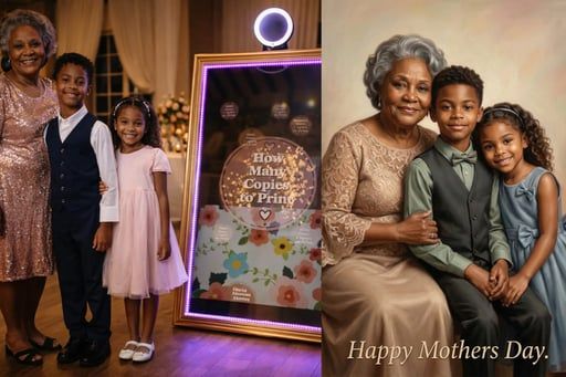 Family posing by a floral Mother’s Day sign, with a grandmother and two children, “Happy Mother’s Day” text.