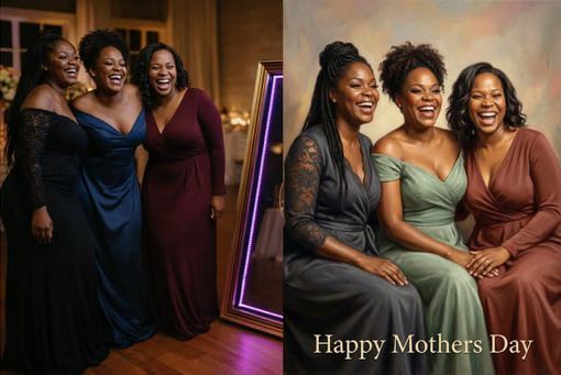 Three women posing in elegant dresses beside a mirror with “Happy Mothers Day” text.