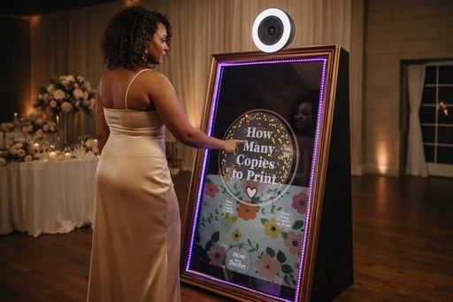 Woman in a beige gown beside a floral sign with a ring light in a warmly lit room