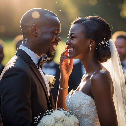 Bride and groom smiling at each other during a golden-hour outdoor wedding ceremony