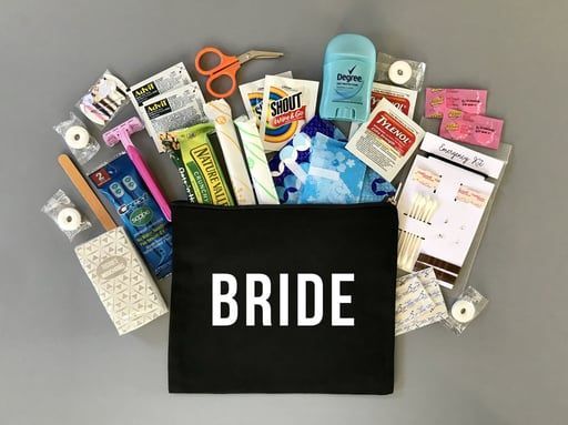 Bride gift box with wedding-themed items and assorted packages spread around it