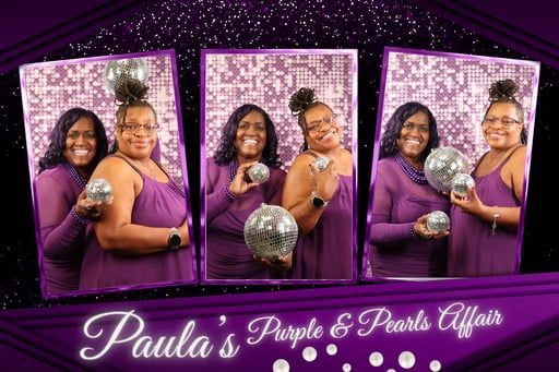 Purple-themed event collage with two women posing in front of sparkly backdrops and silver balloons