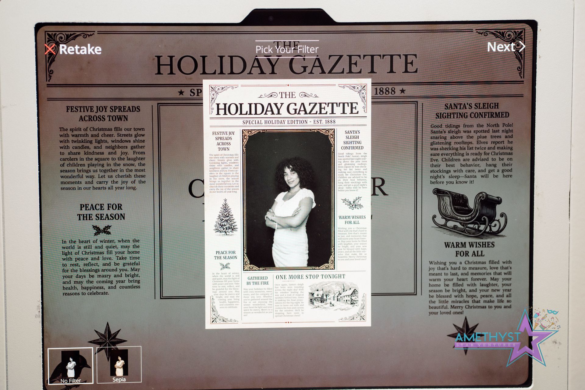 Holiday Gazette bulletin board with centered portrait and newspaper clippings on a gray background