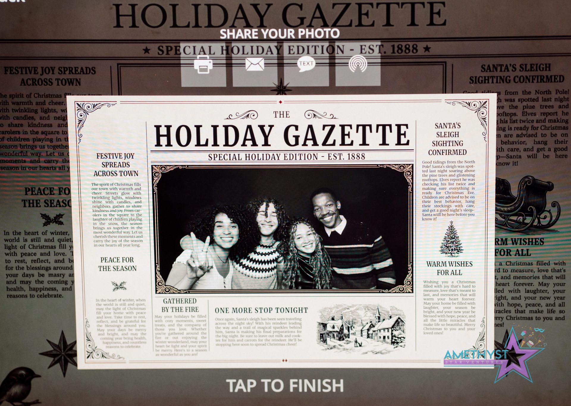 Holiday Gazette newspaper-style page with a black-and-white family photo and vintage layout