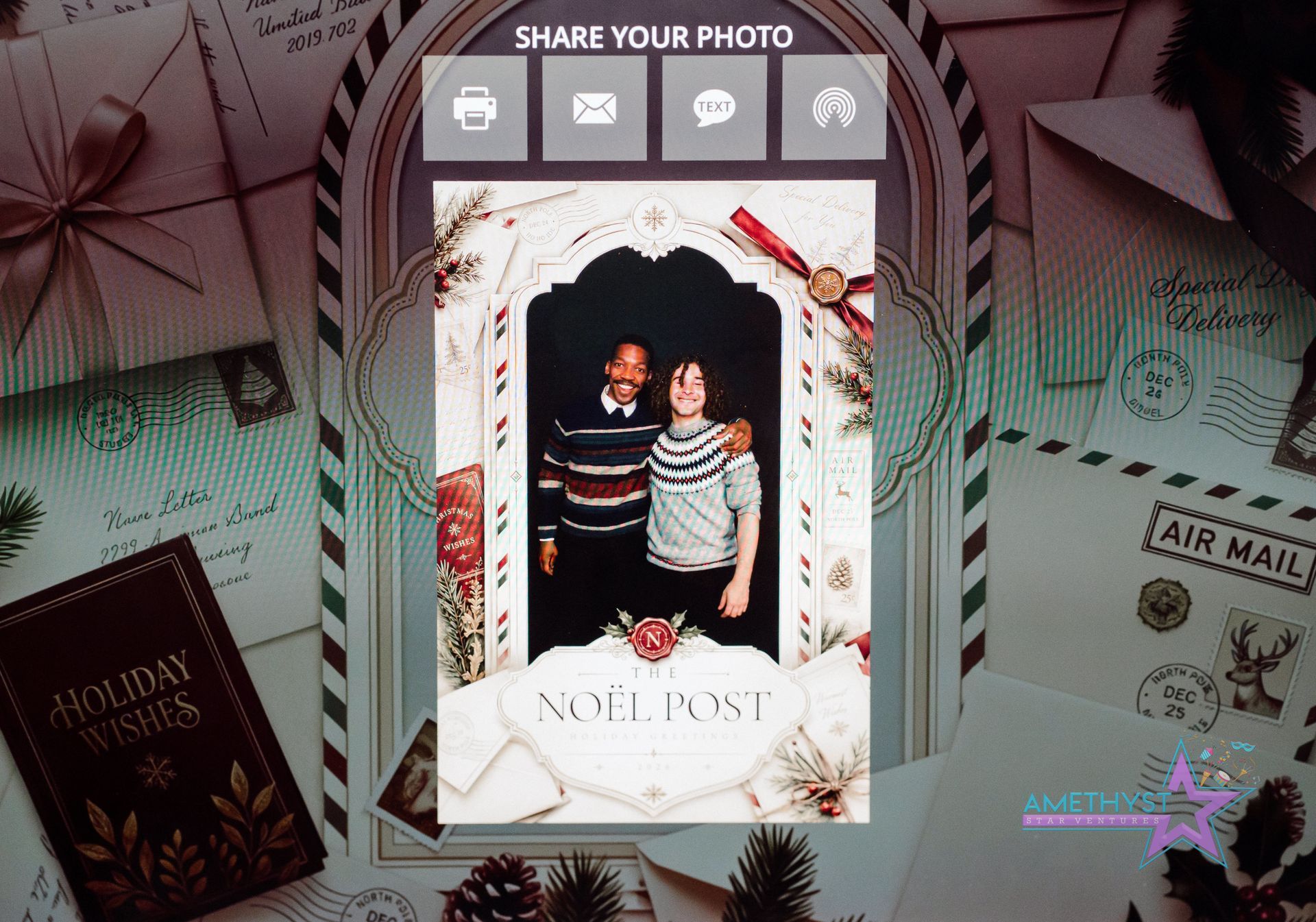 Decorated holiday card with a couple’s photo and the text “NOEL POST,” surrounded by festive mail-themed decor