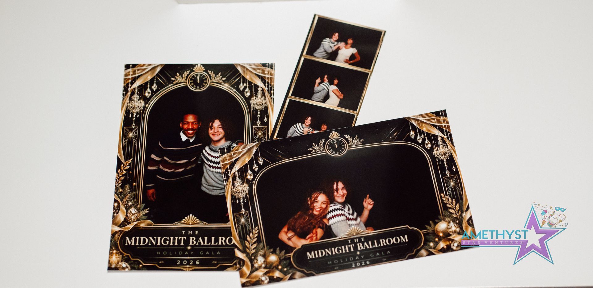 Decorative photo collage with ornate black-and-gold frames and portrait prints on a white background