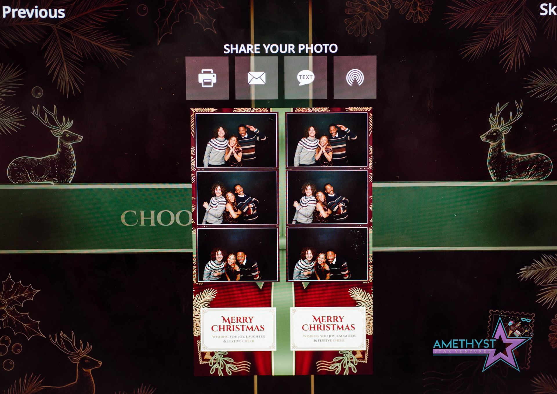 Photo booth photo strips on a dark green and black event backdrop with “Share your photo” at top.