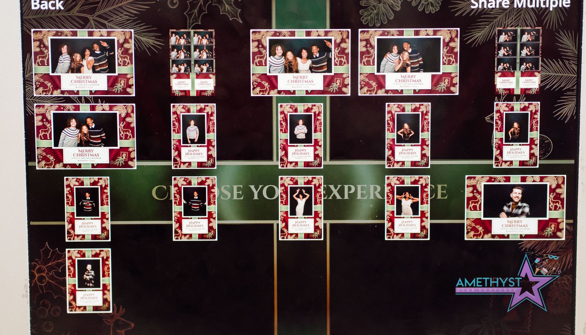 Collage of small red-and-white framed photos and text on a dark background, arranged in a poster-like layout