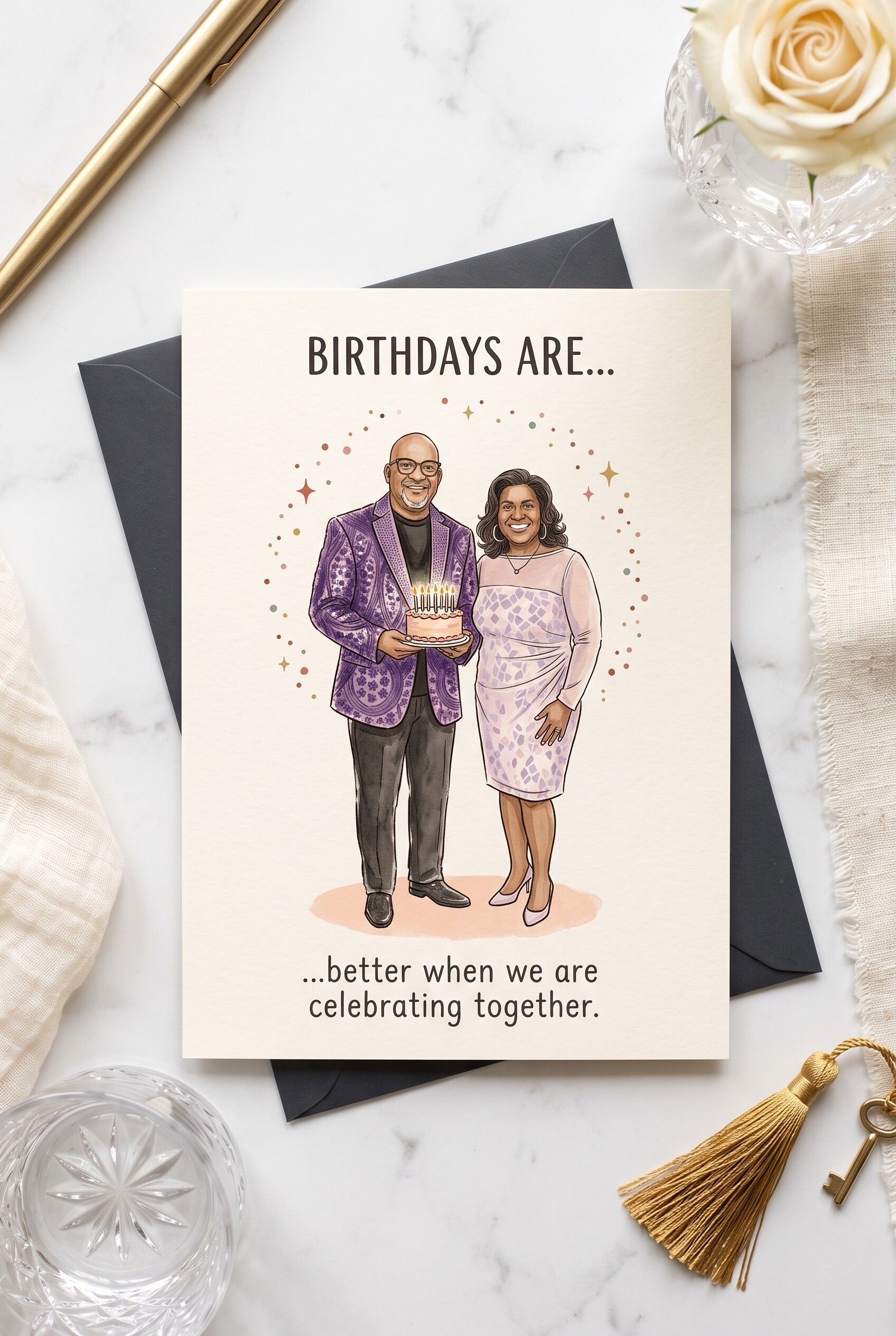 AI generated portrait birthday card example featuring an illustrated adult couple, a birthday cake and the words Birthdays are better when we are celebrating together.
