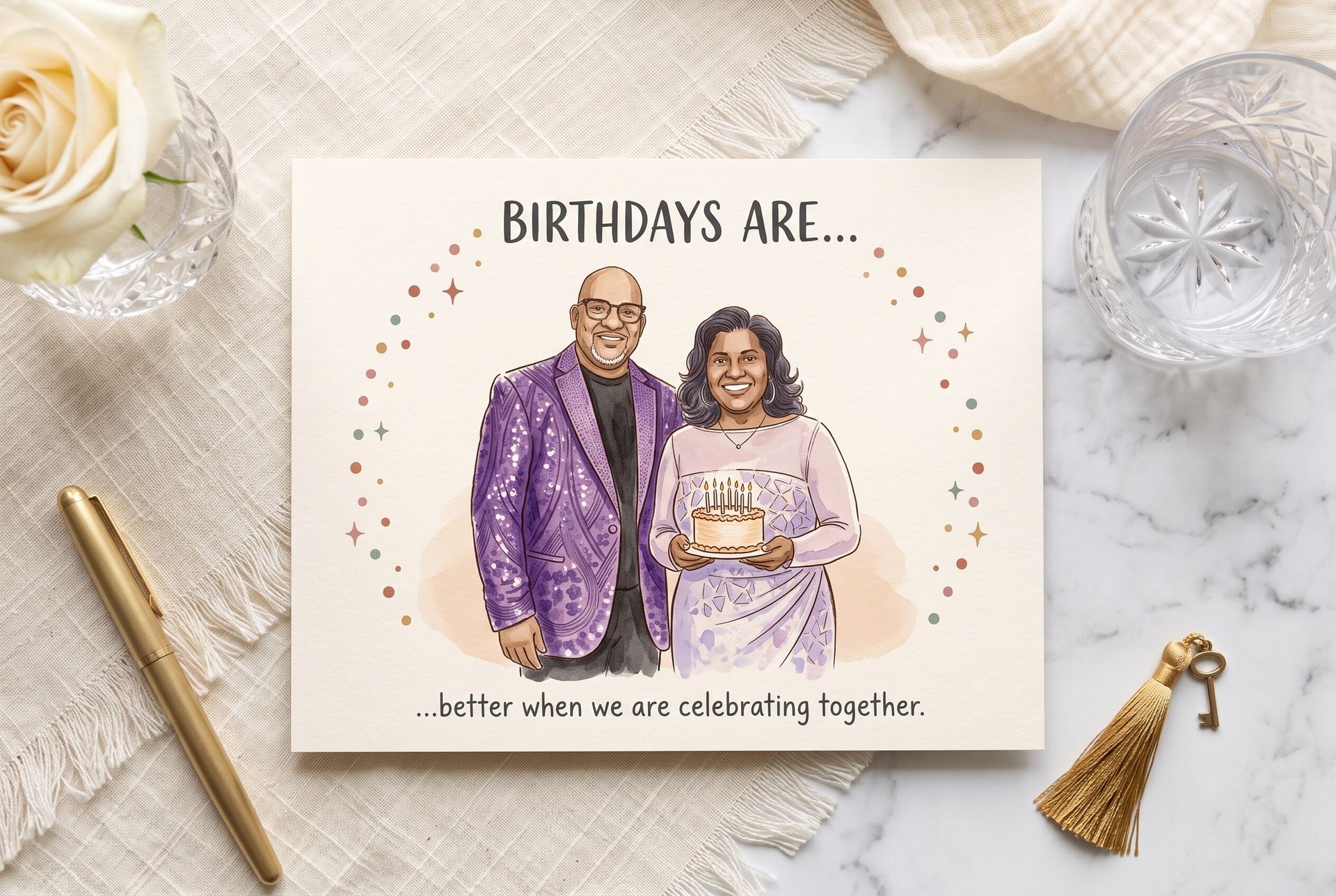 AI generated landscape birthday card example featuring an adult couple and an elegant birthday design.