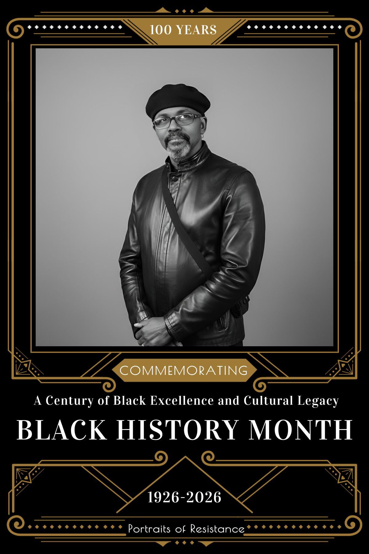 Black and white Glam portrait in a custom Black History Month photo booth frame