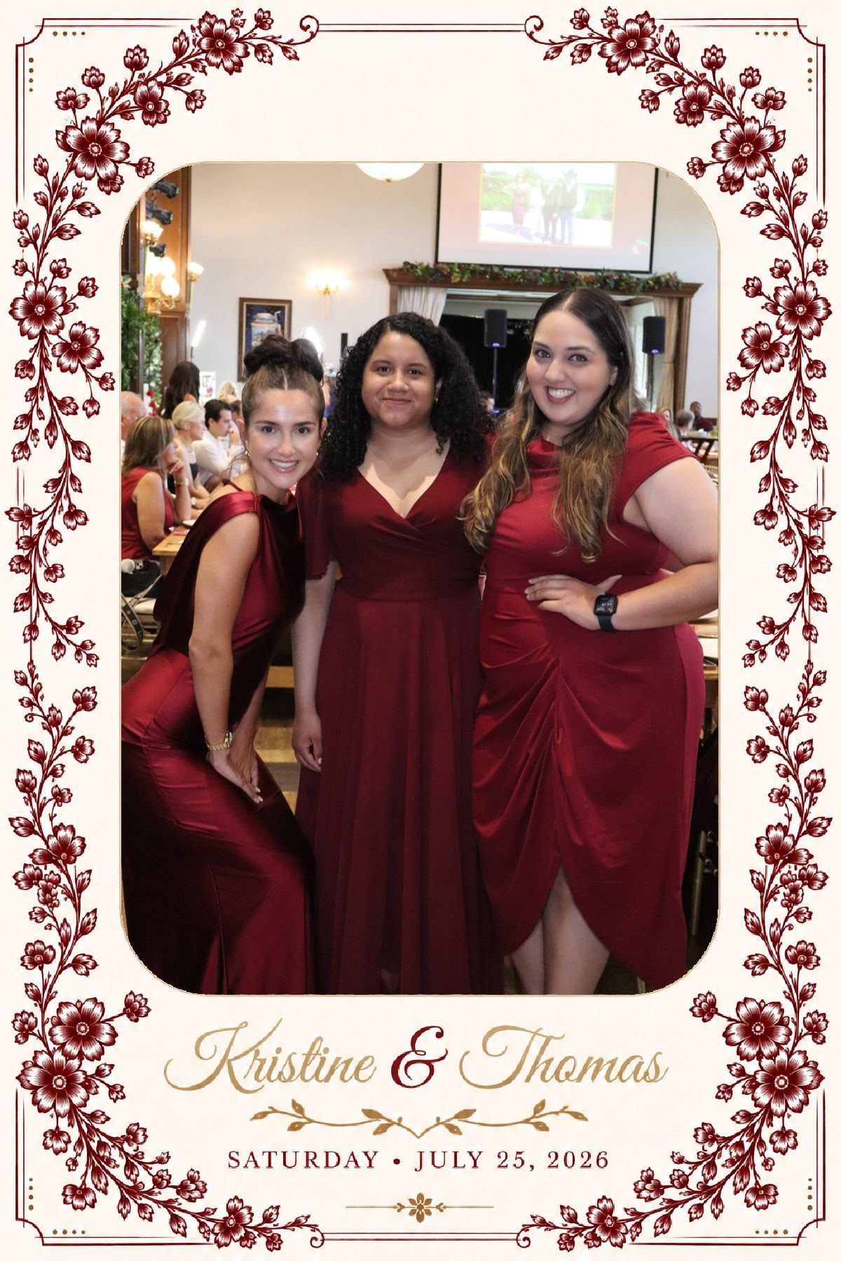 Bridesmaids in a burgundy floral custom photo layout for the Harrison wedding