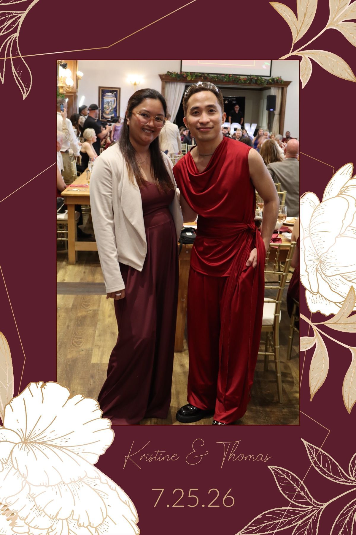 Two wedding guests in burgundy attire inside a custom burgundy and ivory floral photo layout dated July 25 2026