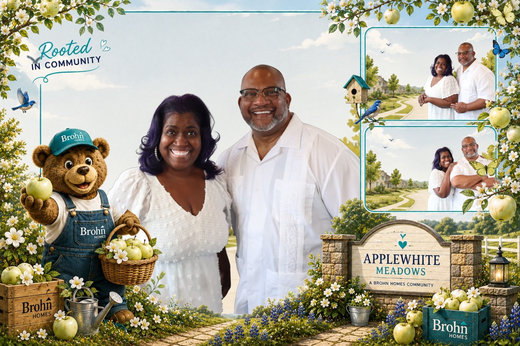 Couple in a customized Brohn Homes Applewhite Meadows AI photo experience with branded bear and community sign