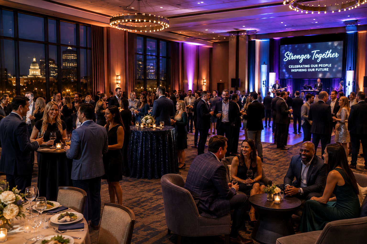 Guests networking after dinner at an upscale corporate event in Central Texas