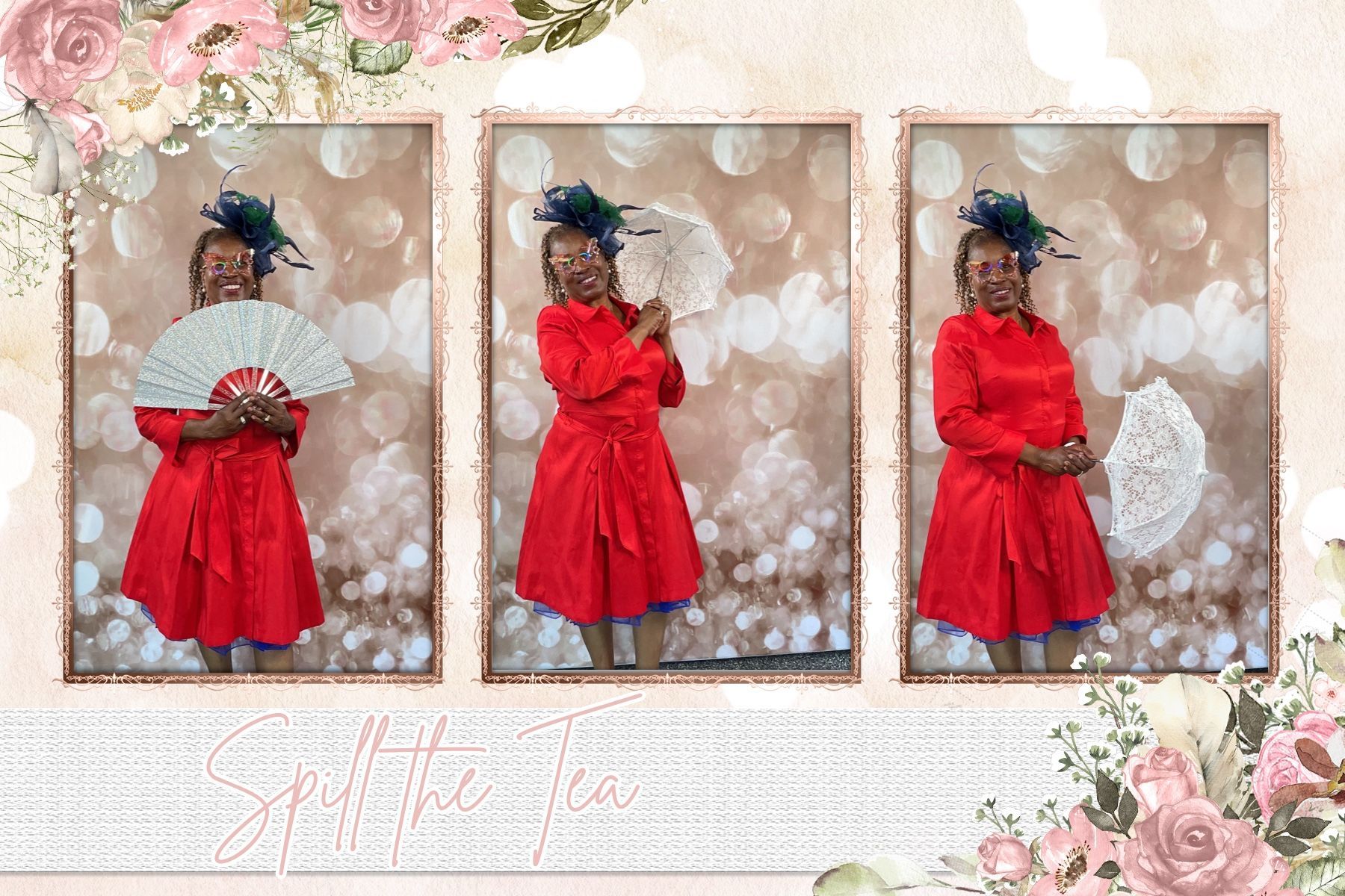 Three portrait poses in a red watercolor floral photo layout created for Paula’s 60th birthday