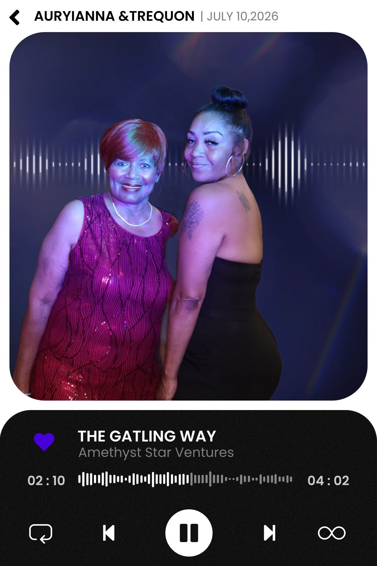 Two wedding guests in a purple music player inspired custom photo layout for the Gatling wedding
