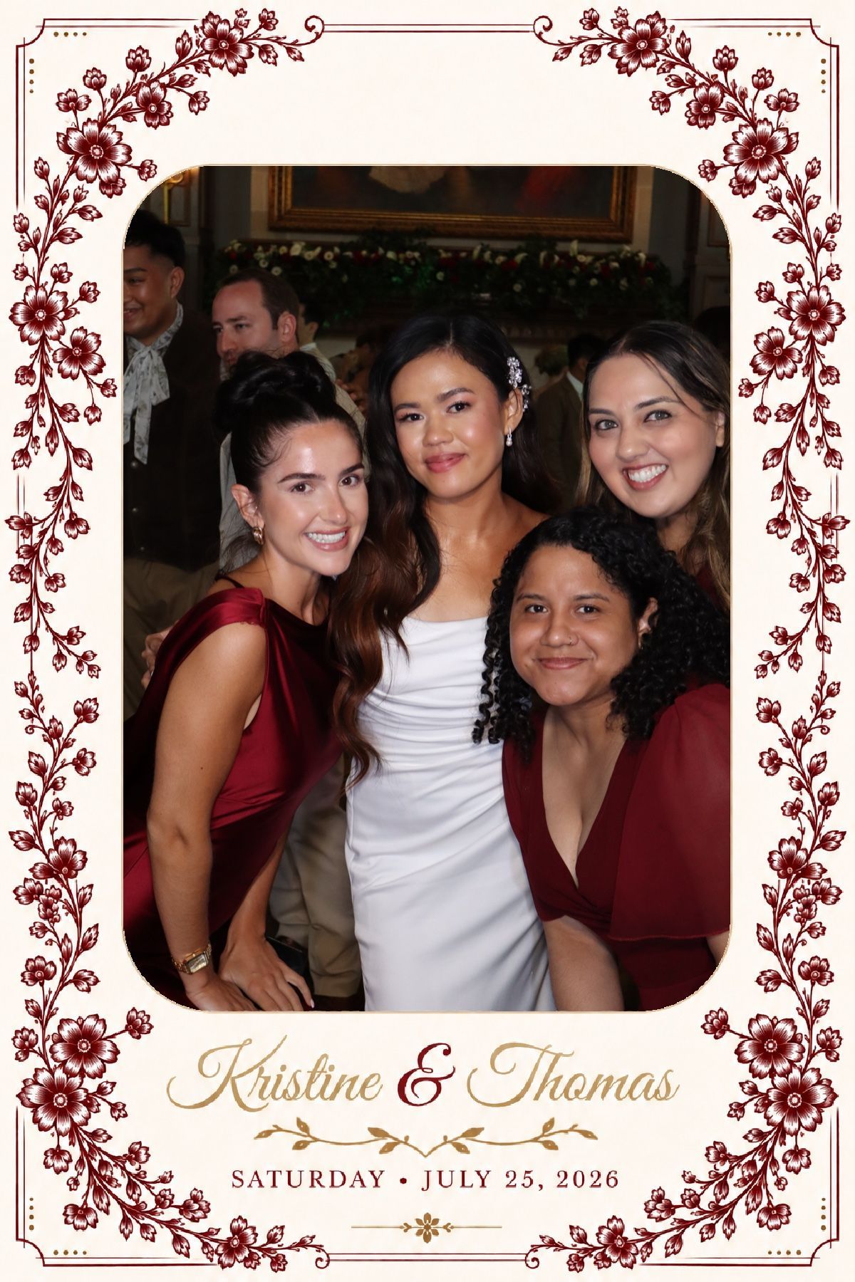 Four women posing in a burgundy and ivory floral wedding photo layout personalized for Kristine and Thomas