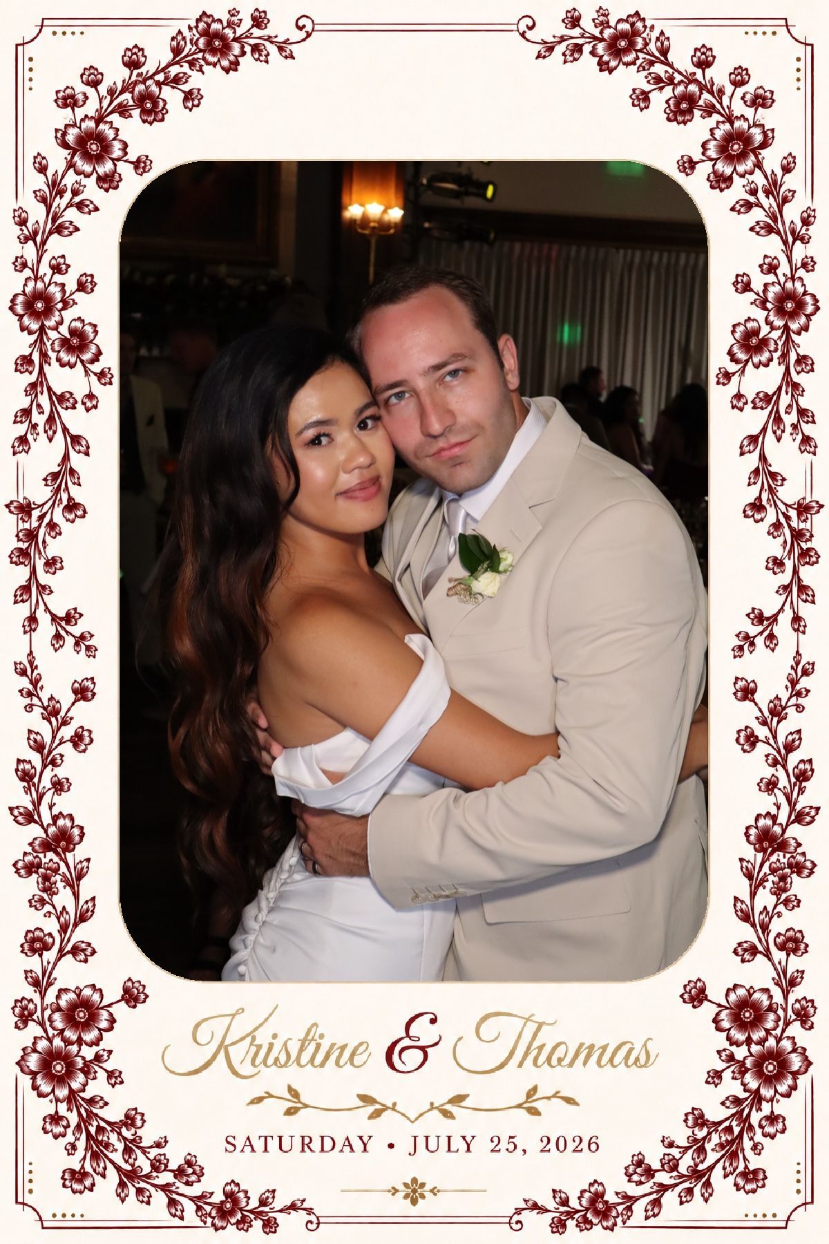 Bride and groom in a burgundy floral custom photo booth layout for the Harrison wedding