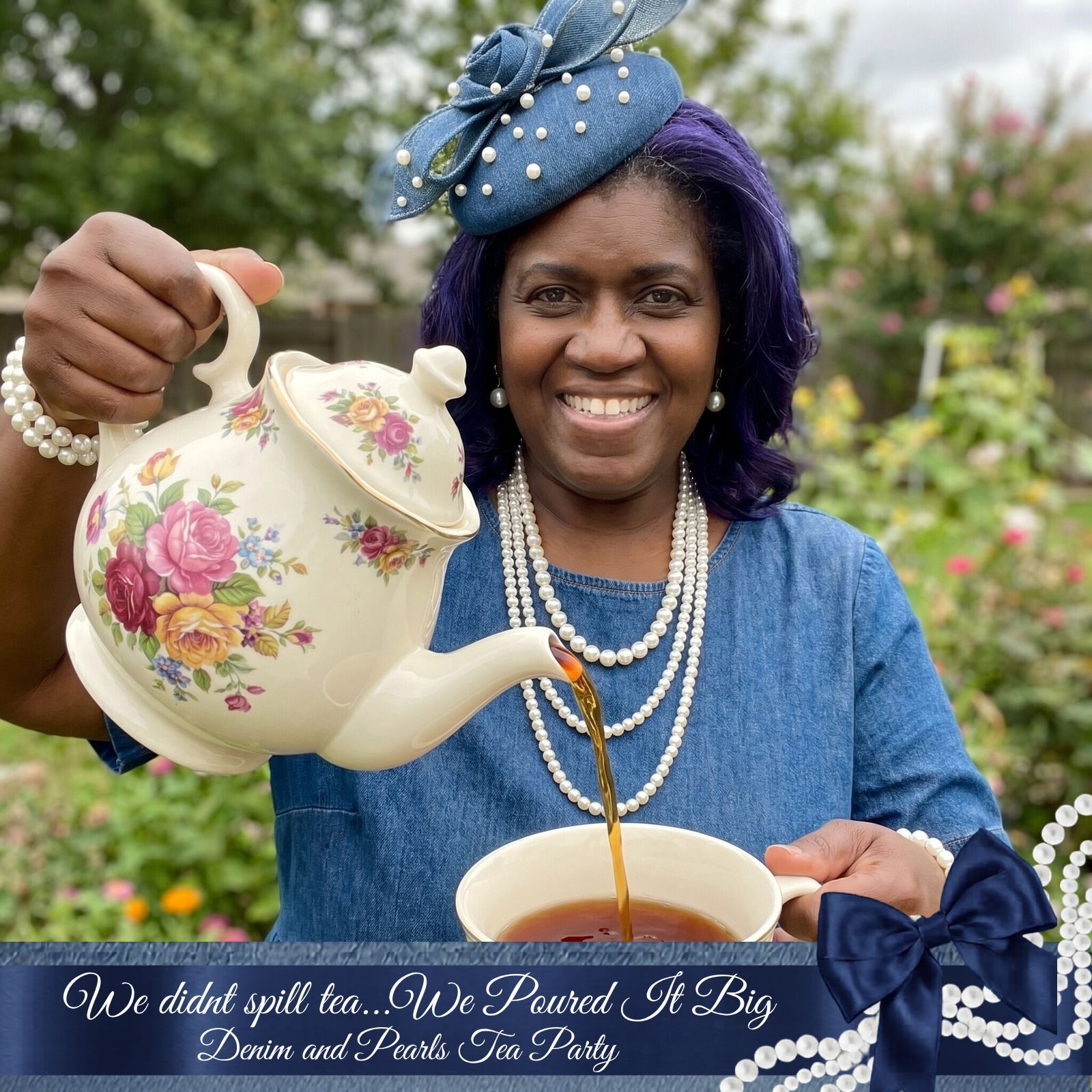 Guest pouring oversized tea in a customized Denim and Pearls themed photo experience