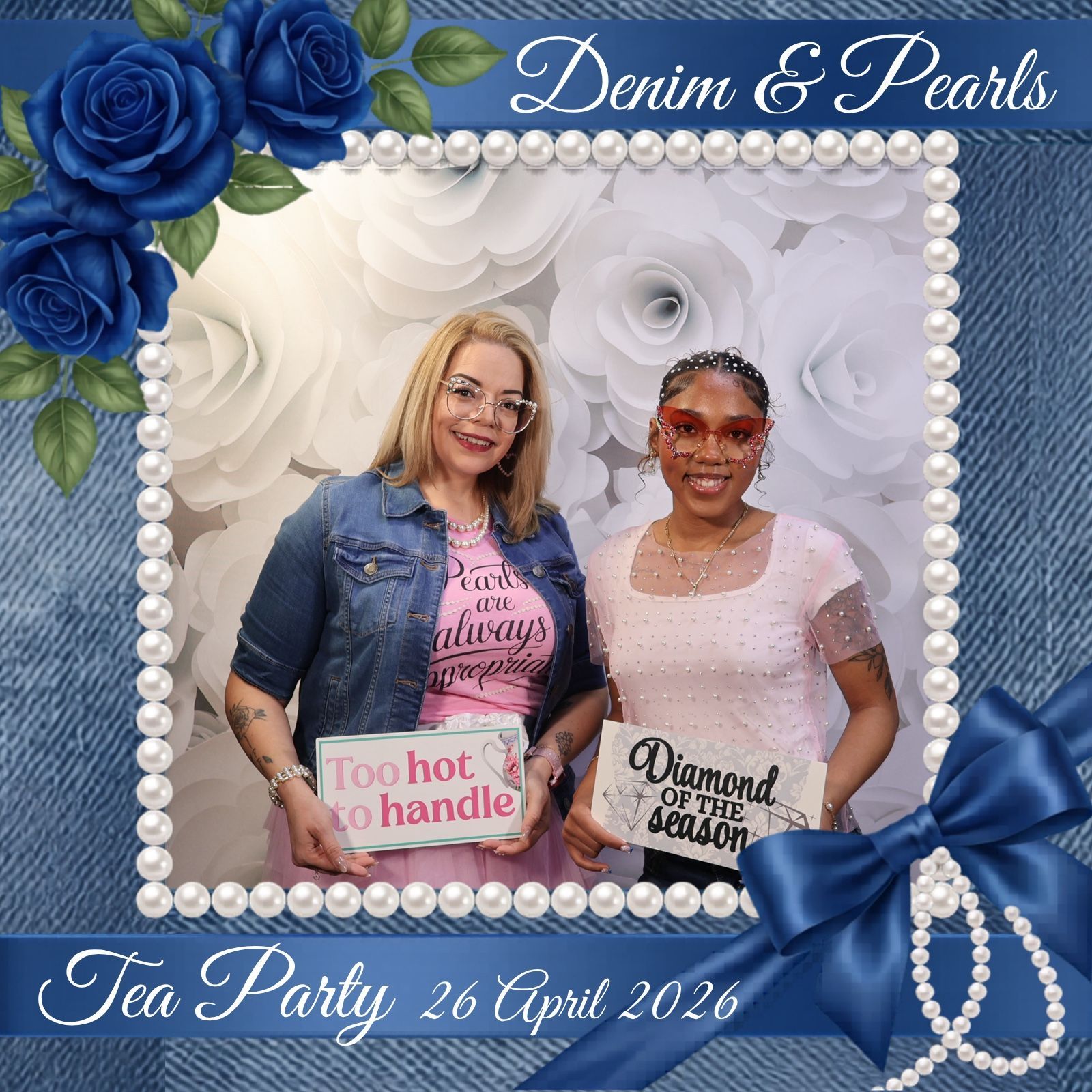 Two guests in a custom denim and pearl framed event photo