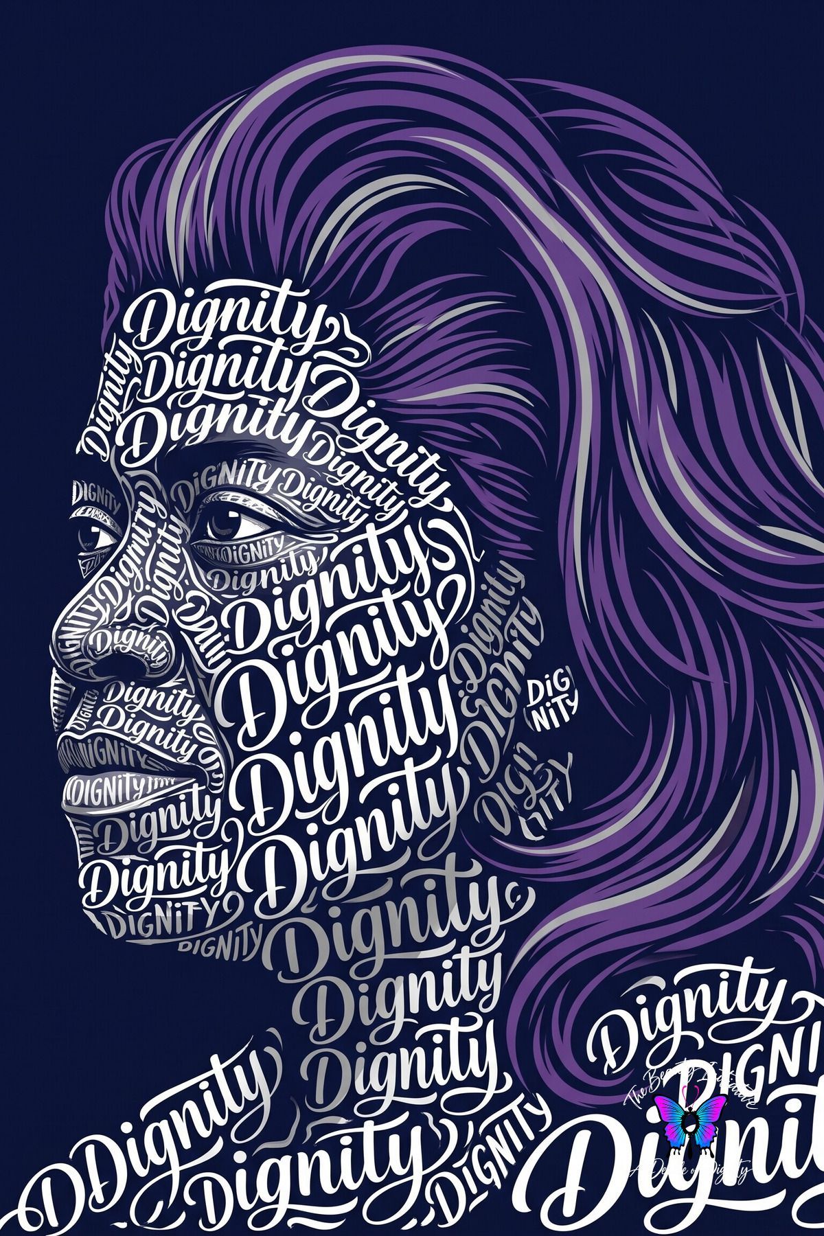 African American woman with purple hair shown in a custom DIGNITY word art portrait