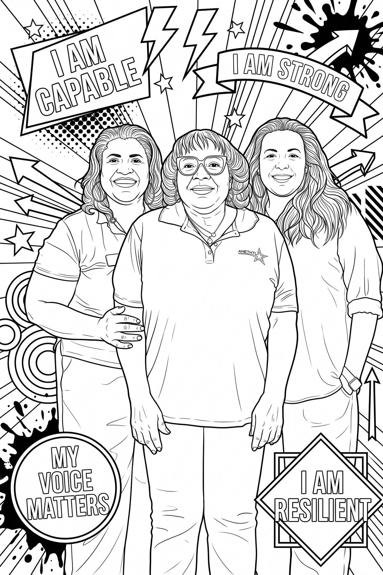 Three adult guests converted into a personalized Color Me line art design