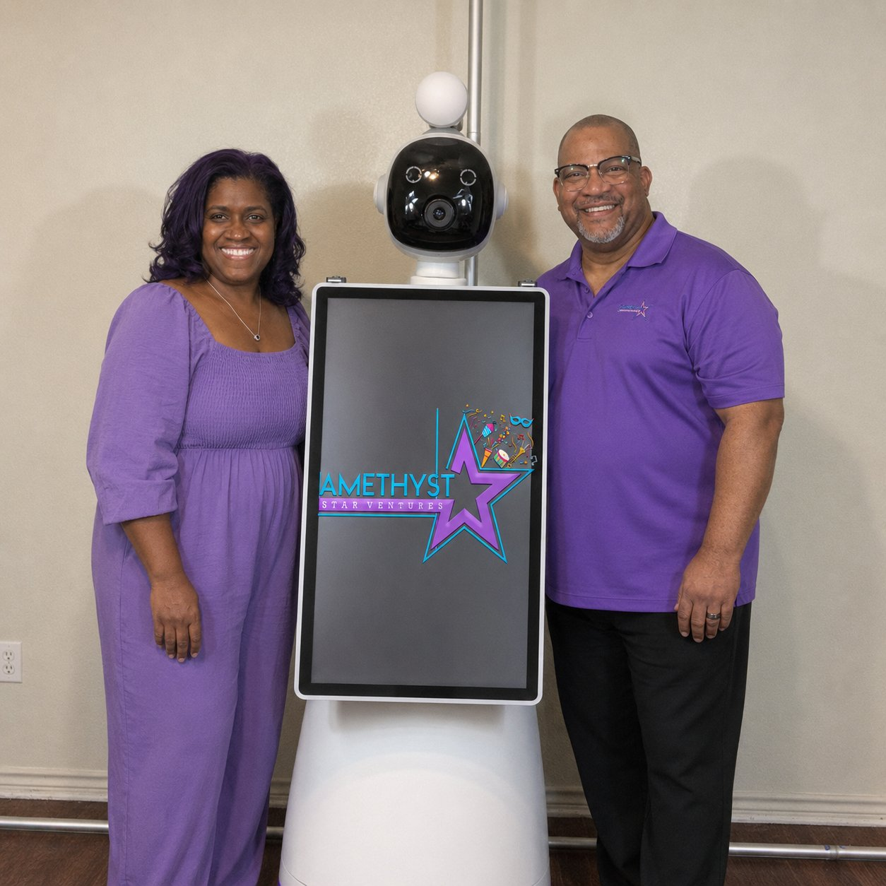 Two people stand beside a white robot with a screen displaying a colorful star logo.