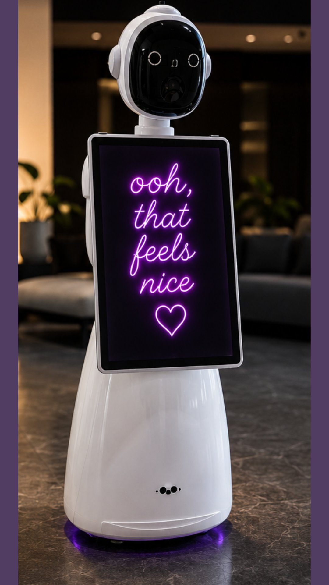 Small white robot with a black screen displaying “ooh, that feels nice” and a heart in pink neon text.