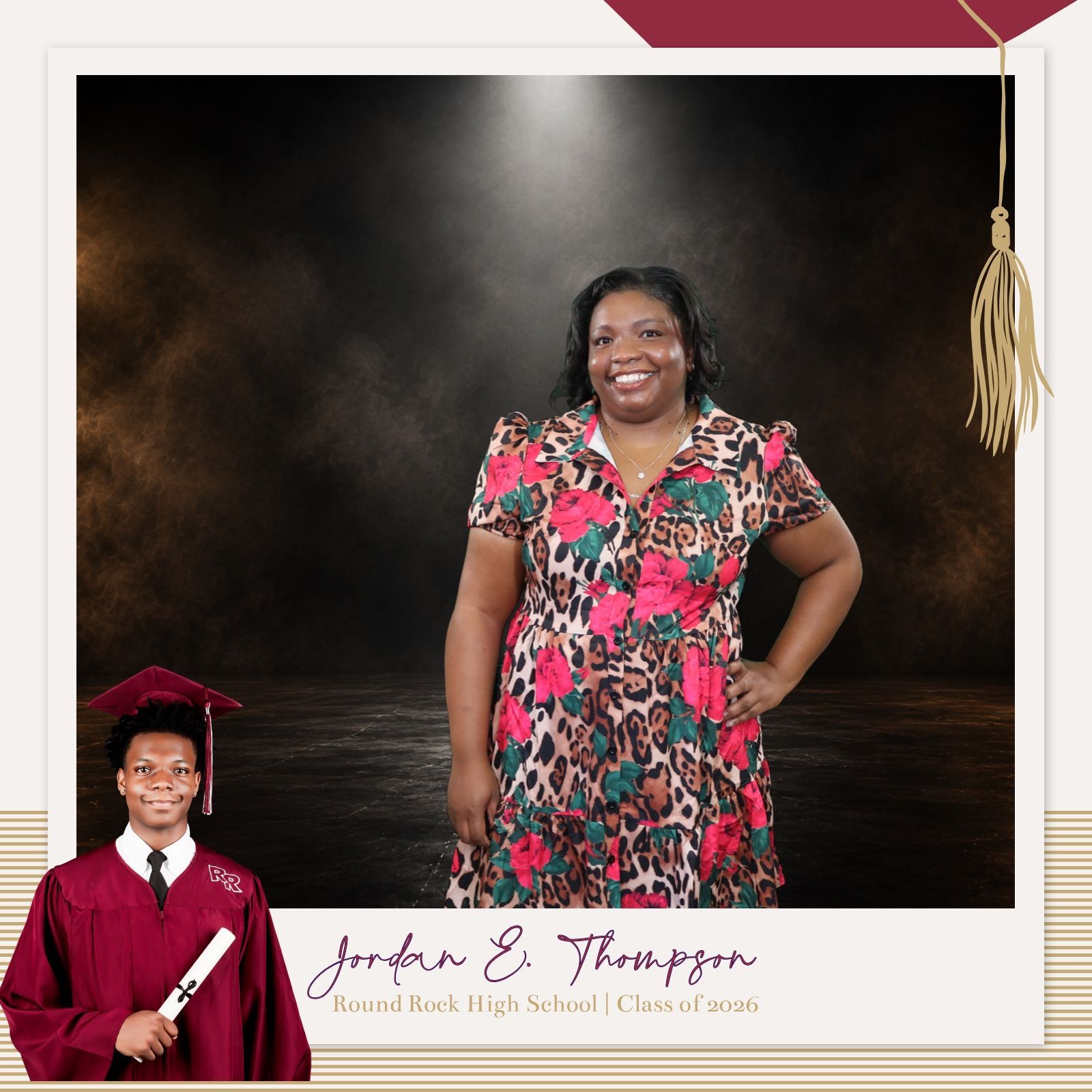 Adult guest in a customized Jordan graduation photo booth layout for Round Rock High School Class of 2026