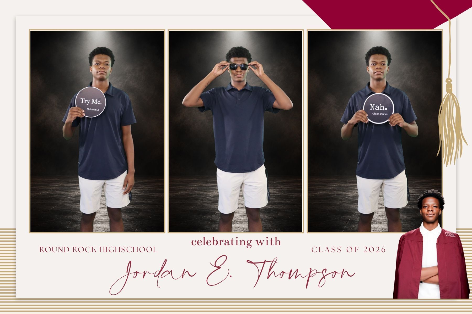 Jordan’s Round Rock High School graduation three pose photo booth layout in maroon and gold