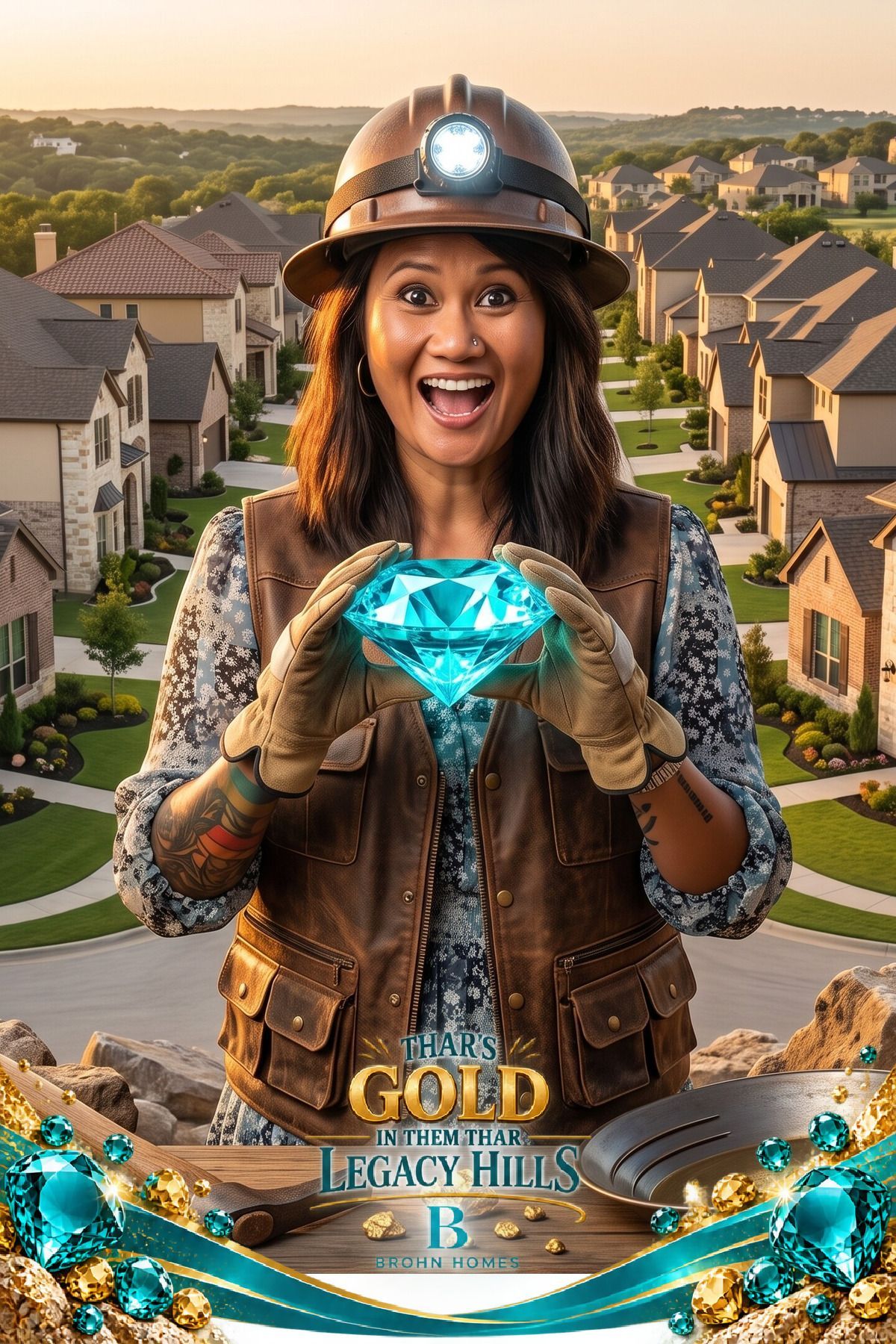 Adult guest in a custom Legacy Hills AI prospector portrait holding an oversized teal gemstone