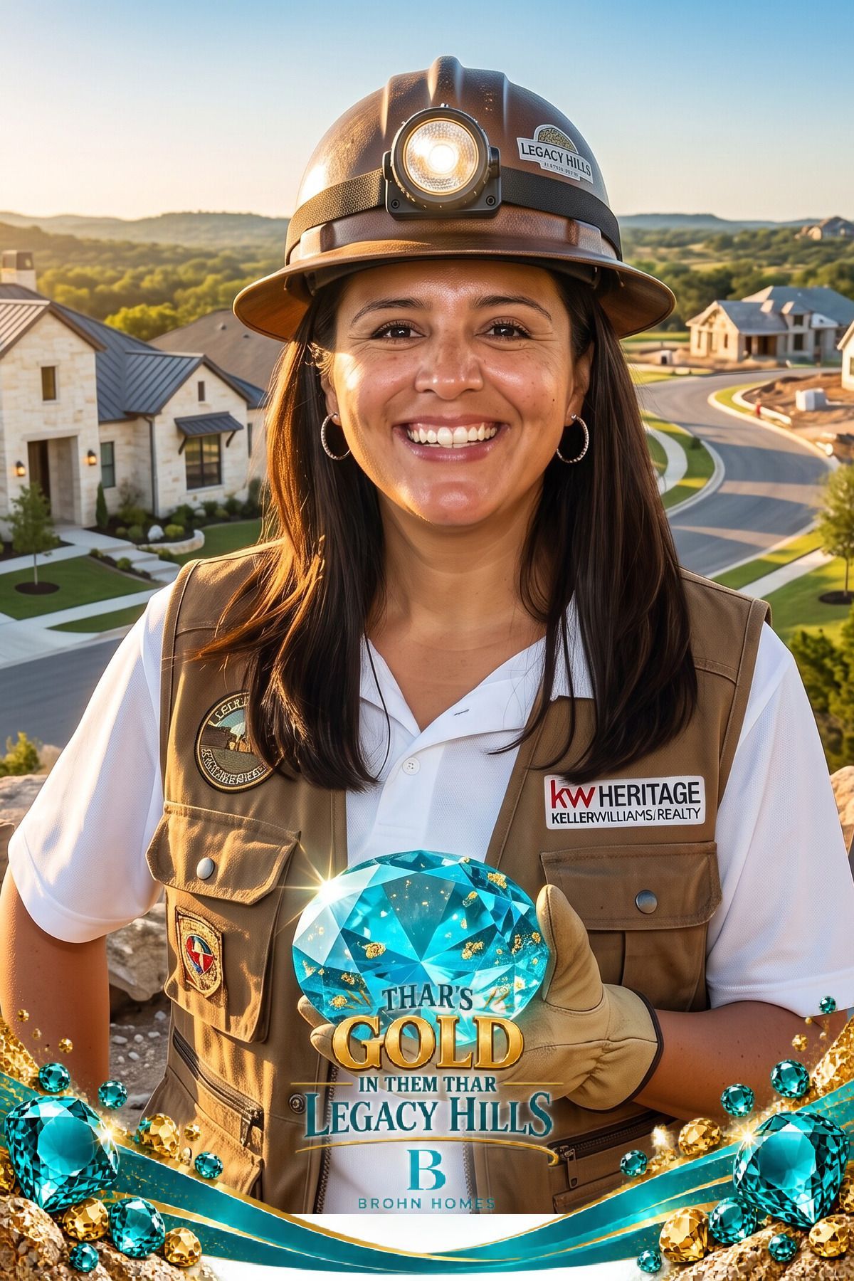 Adult guest wearing a miner hat and holding a teal gemstone in a Brohn Homes Legacy Hills AI portrait