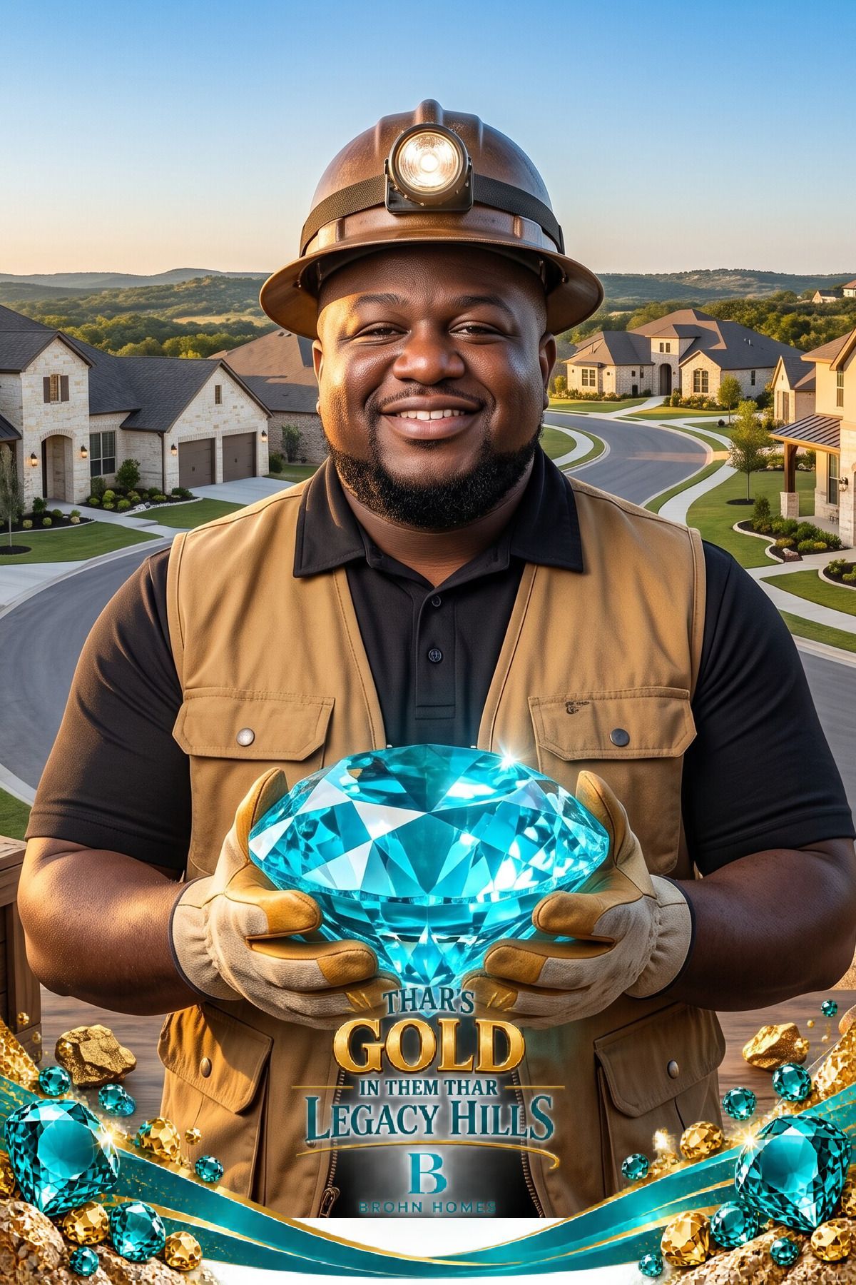 Adult guest in a modern Texas prospector AI portrait from the Brohn Homes Legacy Hills grand opening