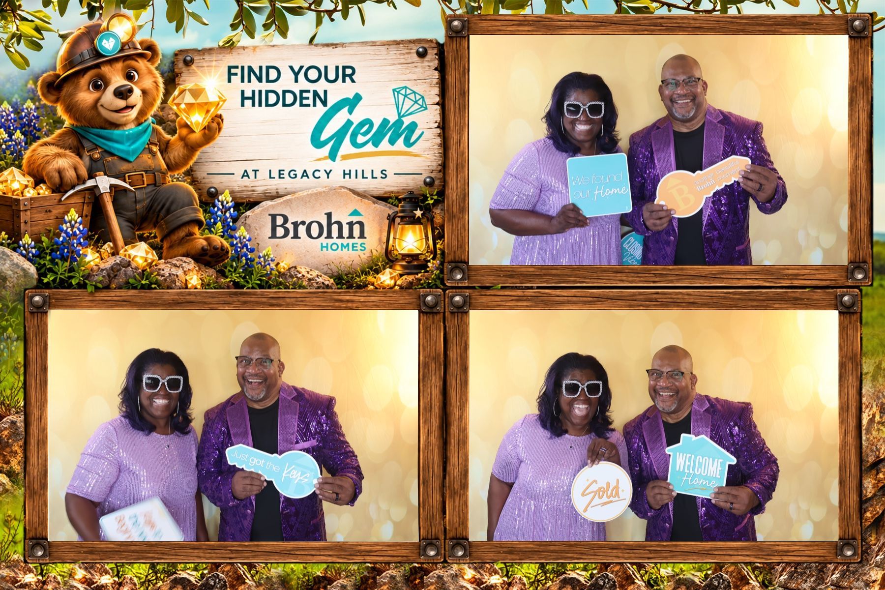 Donna and James in purple themed attire in event photos framed by Find Your Hidden Gem artwork featuring Brohnny the Bear