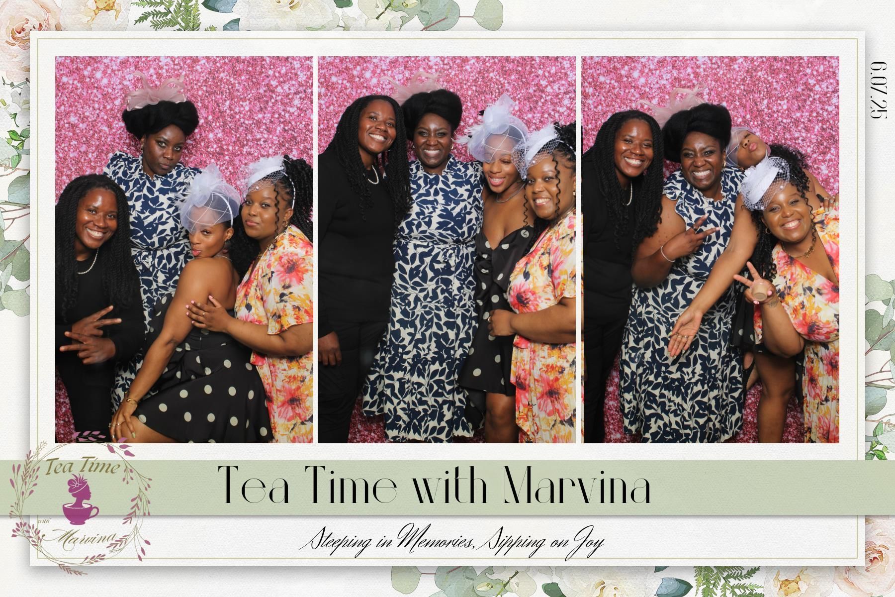 Three pose birthday tea photo booth layout with custom floral branding for Marvina’s celebration