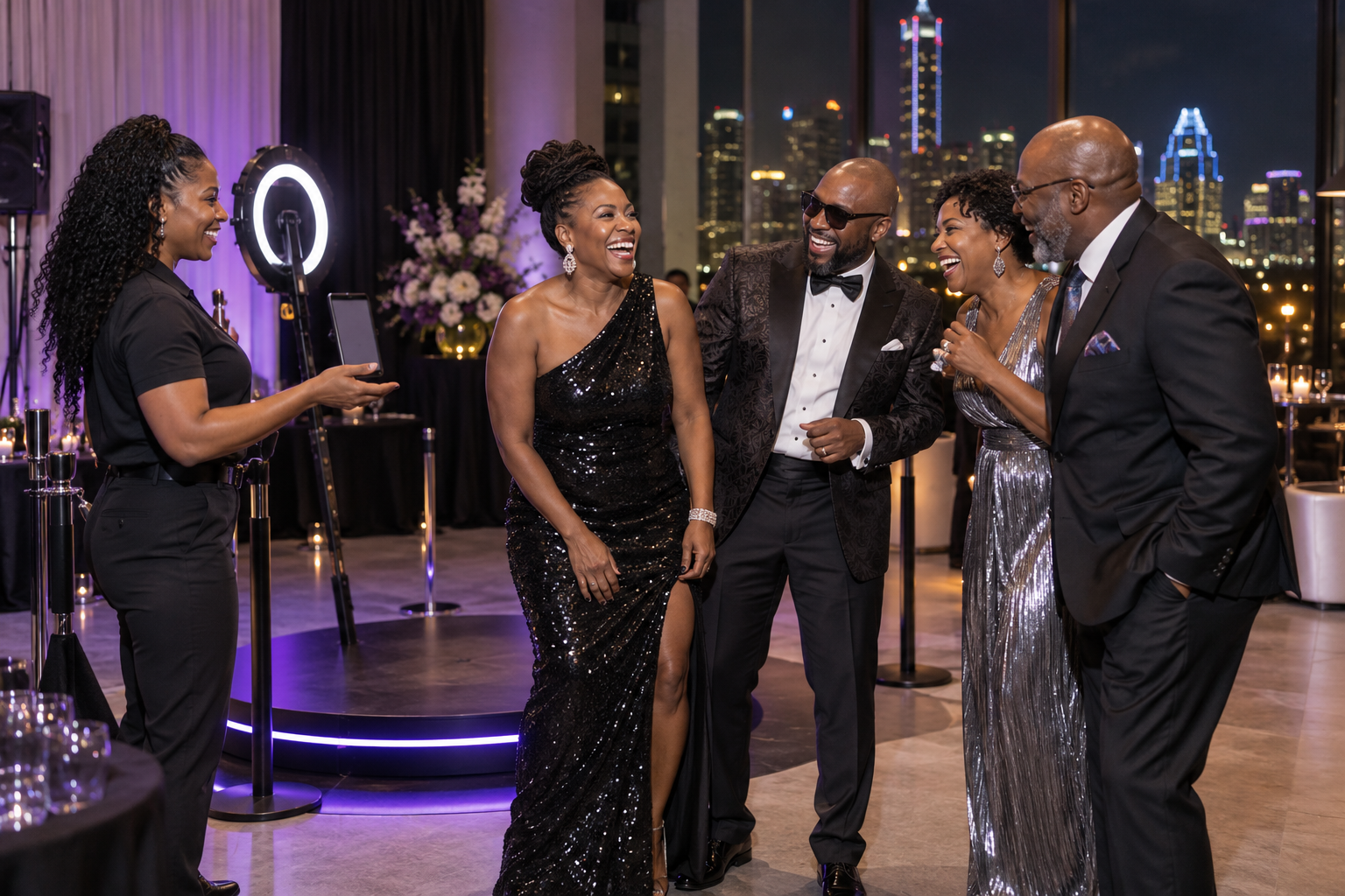 African American guests laughing after a hosted 360 video booth experience