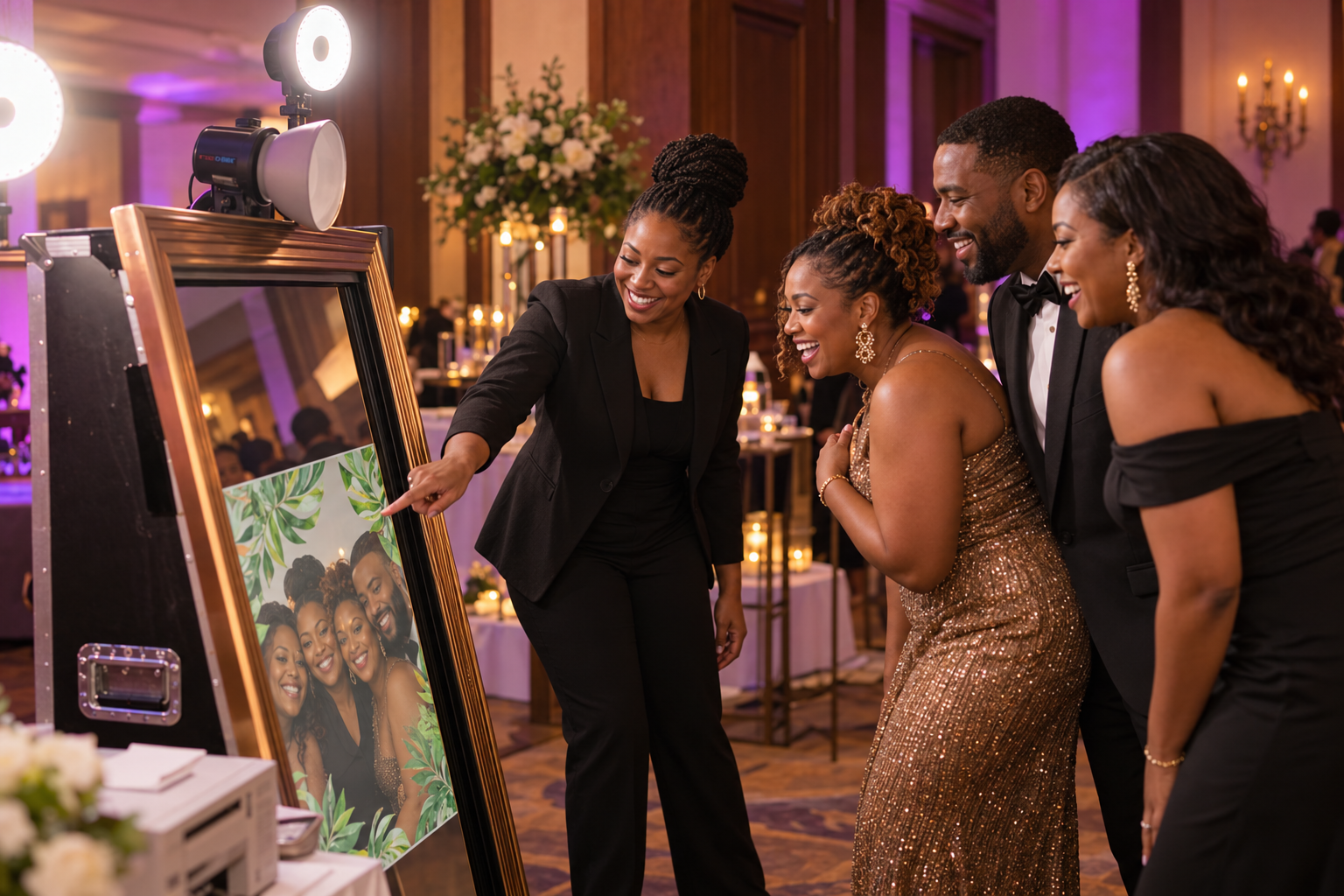 African American guests receiving help from an Event Ambassador at a Mirror photo booth