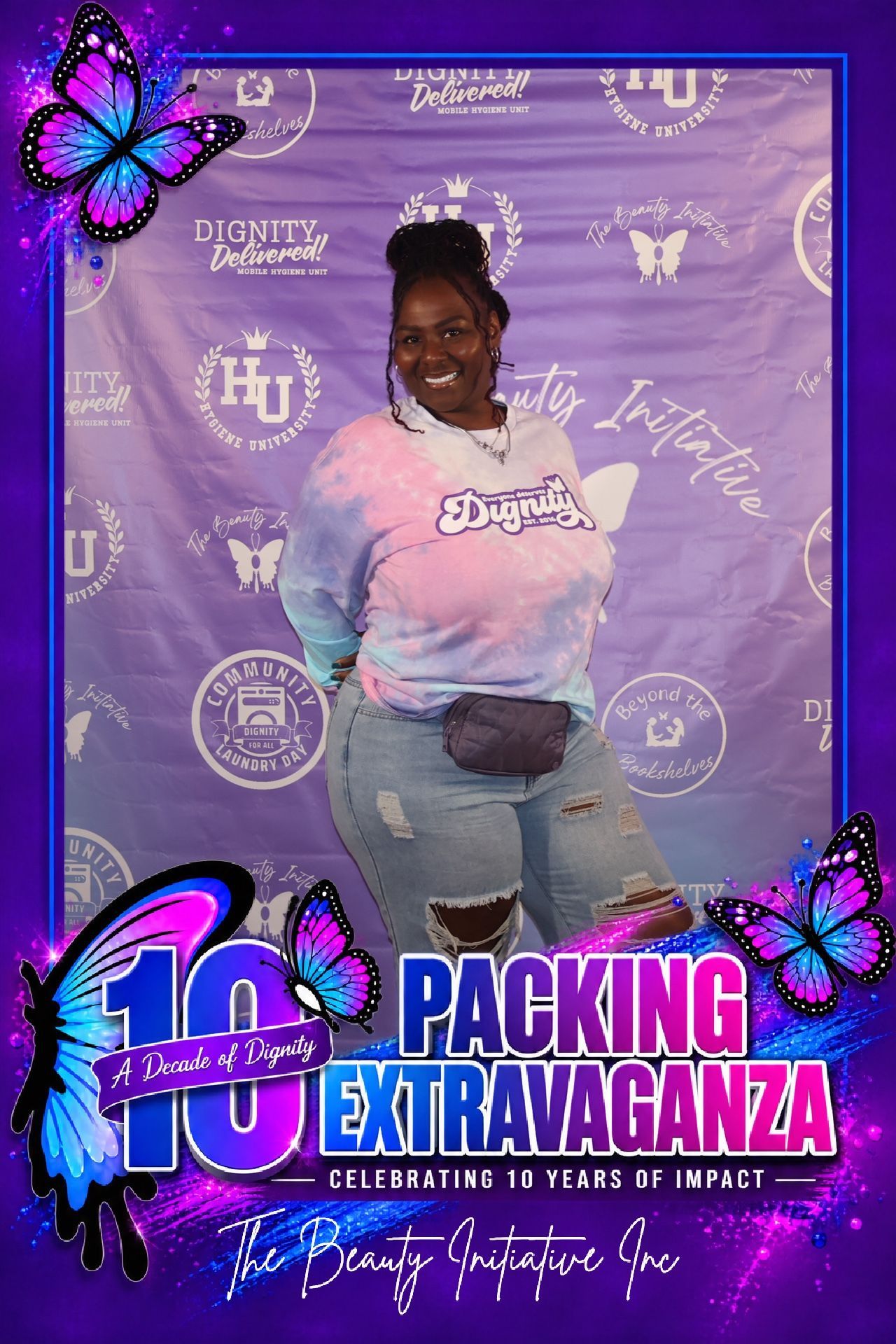 Guest in a butterfly themed custom photo overlay for the Beauty Initiative 10 Year Packing Extravaganza