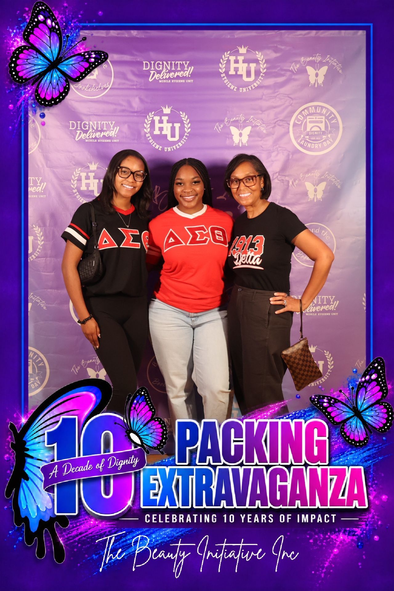 Three adult attendees posing at Beauty Initiative’s Packing Extravaganza in Broward County