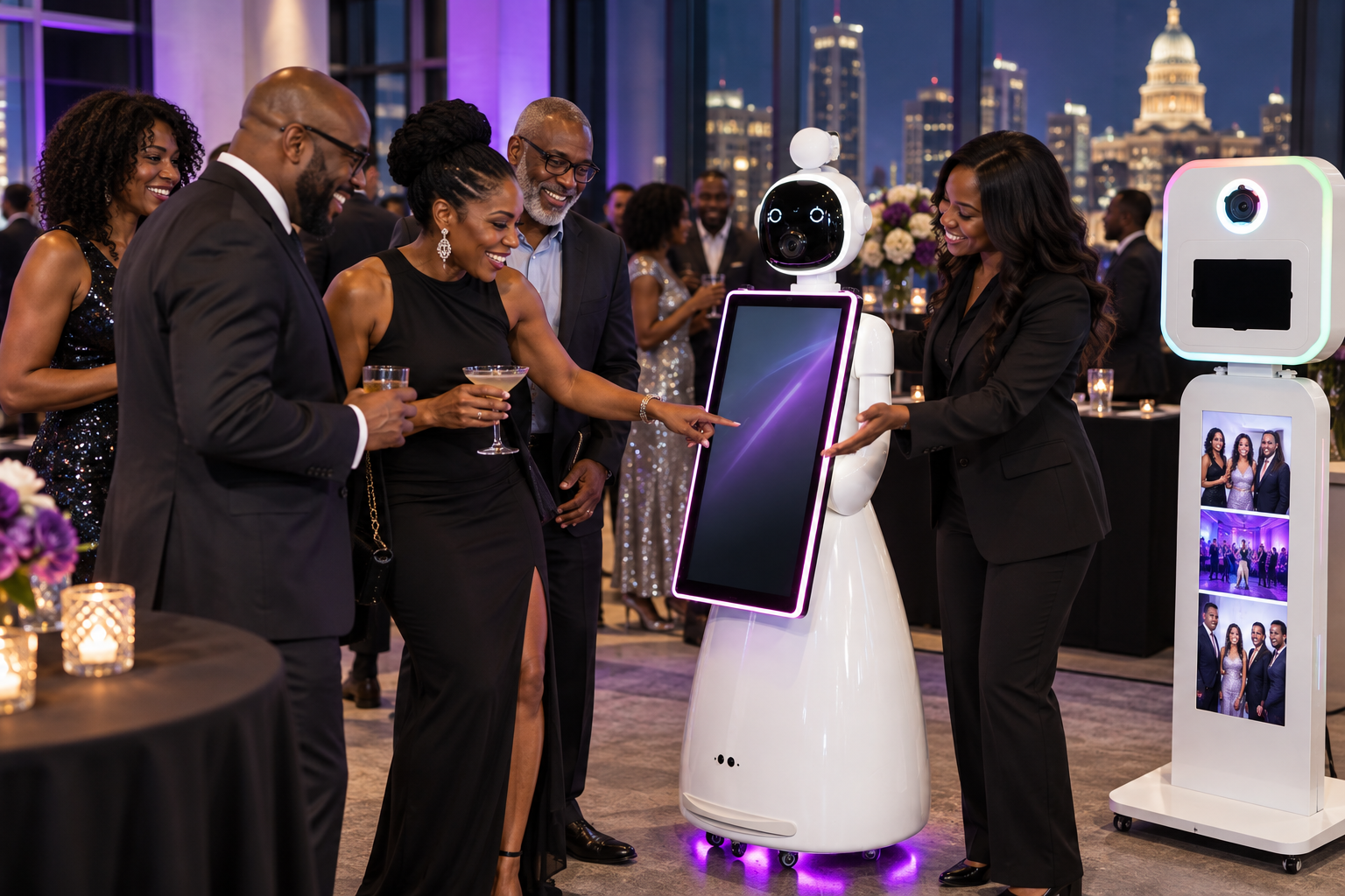 African American guests enjoying two distinctive photo booth experiences at an upscale Central Texas event