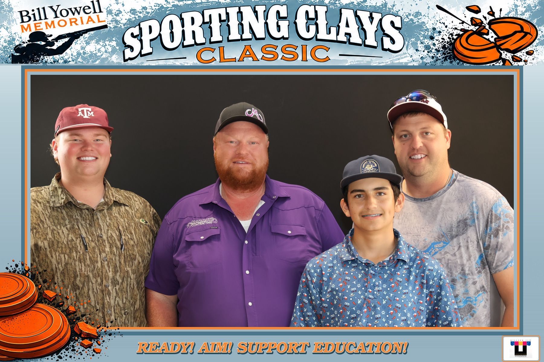 Three guests posing together in the Sporting Clays Classic photo booth frame